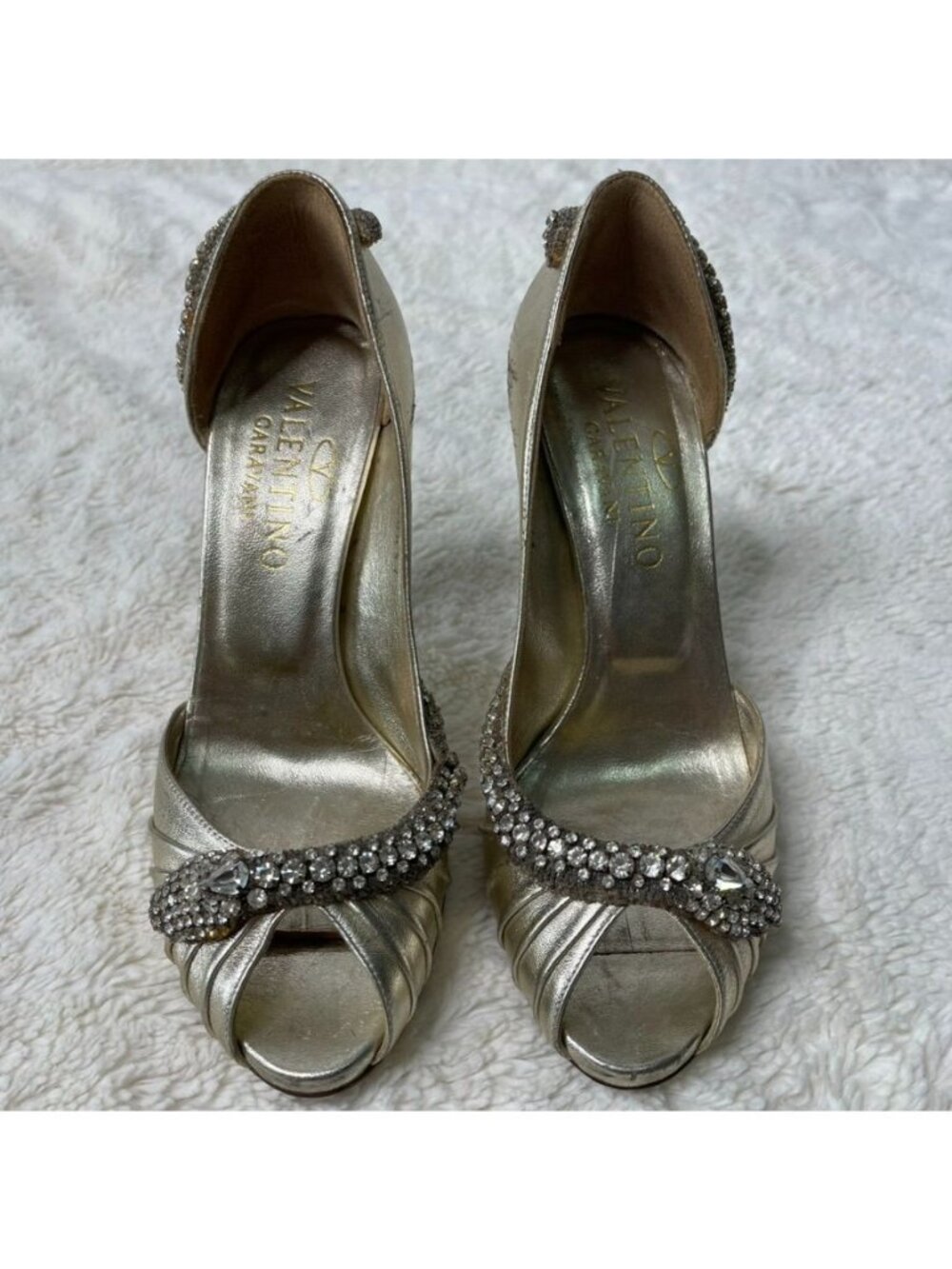 Valentino Garavani Gold Metallic Leather Rhinestone Snake Peep Toe Pumps Size 37